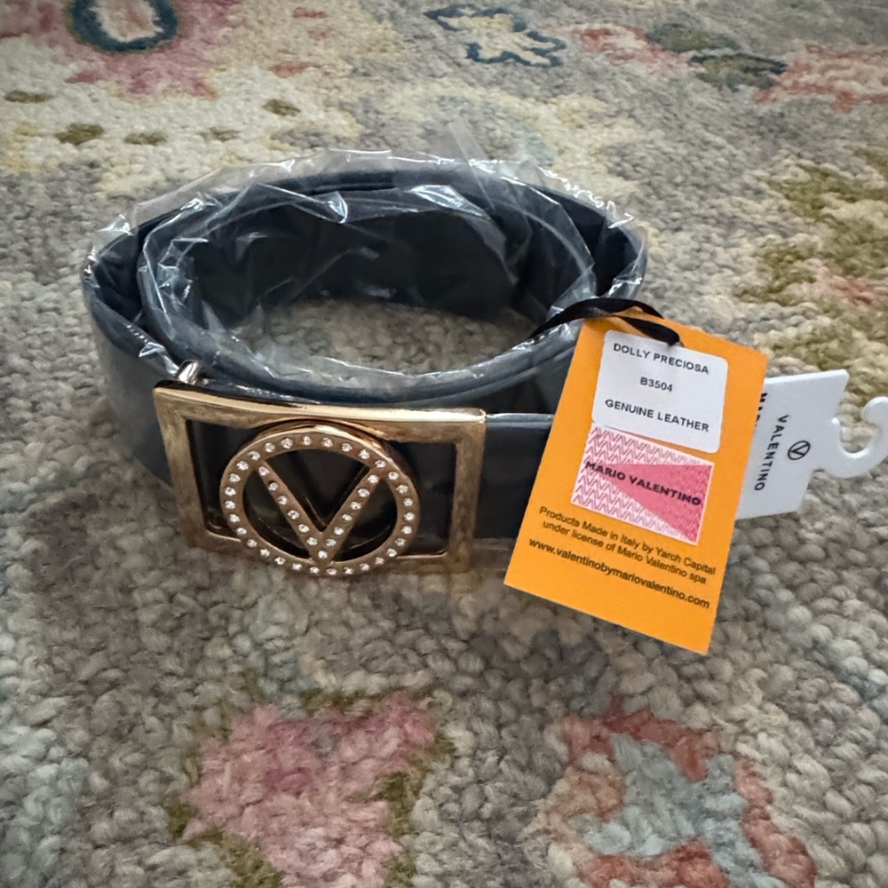 Valentino By Mario Valentino Darker Navy blue Leather Belt Gold V Crystal Buckle